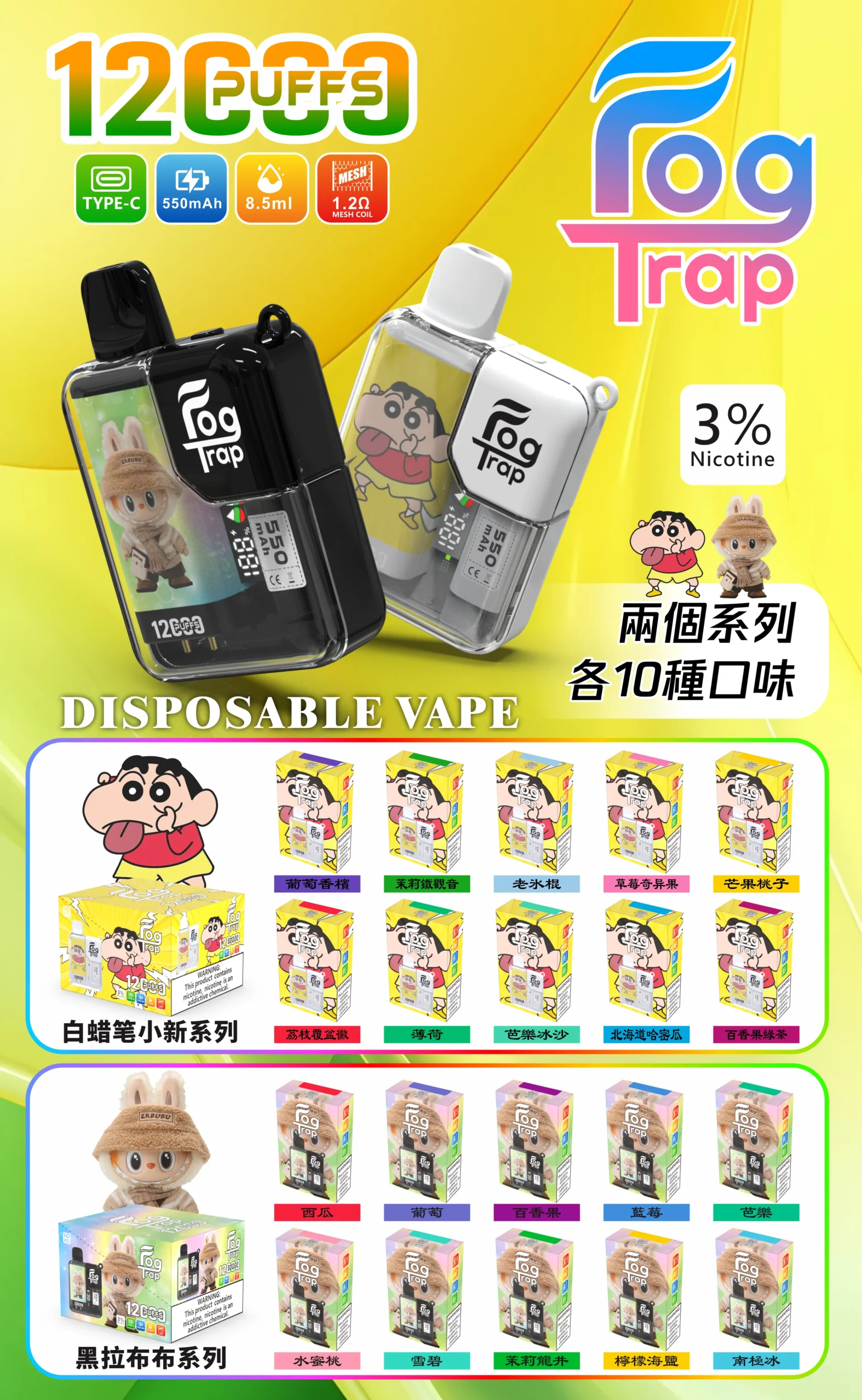 Fog Trap拉布布×蠟筆小新聯名款12000口拋棄式小煙|卡通造型吸睛×耐抽好入口 Fog-trap